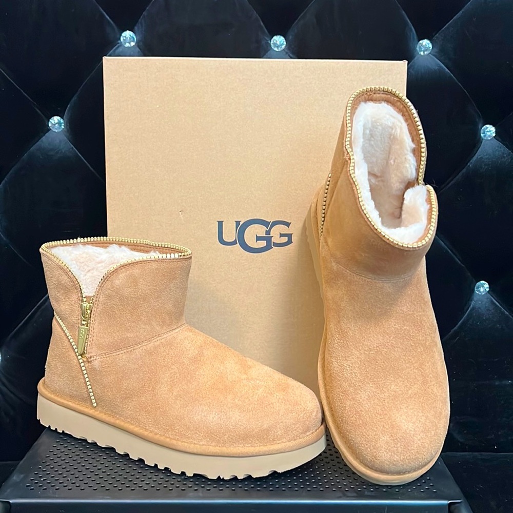 UGG Tan Ankle Boots with Gold Zipper